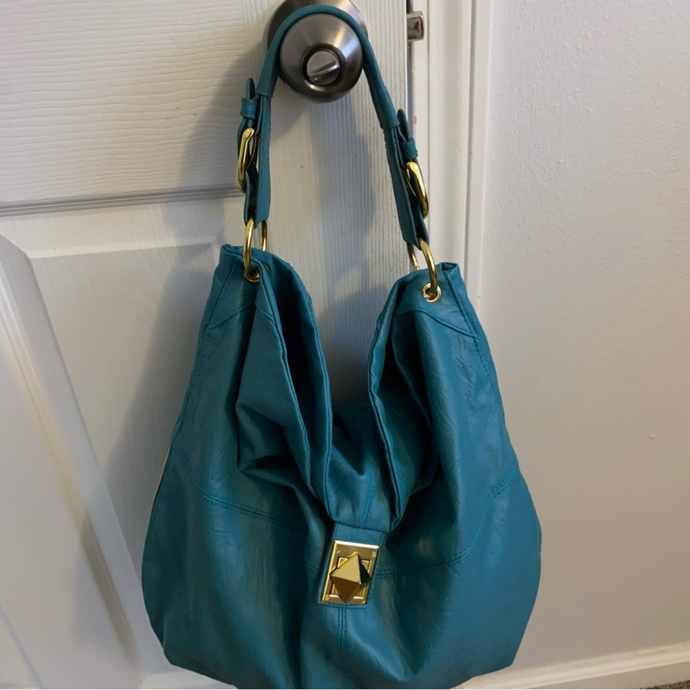 Ladies shoulder strap fold over aqua purse by mark